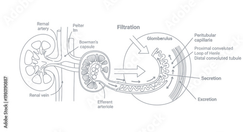 Detailed human kidney nephron structure.