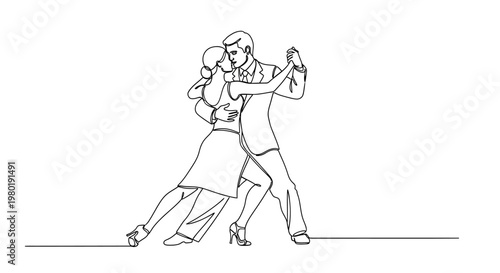 Elegant tango dancers in motion continuous line art on white background