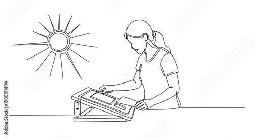 Woman working at a desk under the sun vector illustration