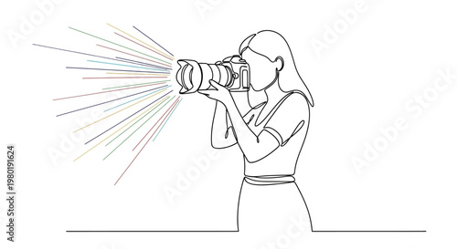 Woman photographer taking photo with line art style bright burst
