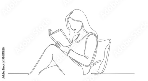 Woman reads book minimalist line art illustration for reading concept