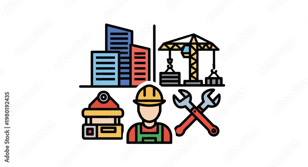 Fototapeta premium Construction worker with tools and buildings.
