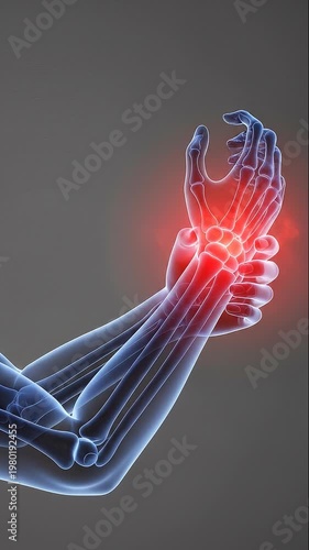 Anatomical illustration of a human arm with a glowing red wrist indicating pain or injury.