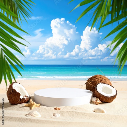 A serene tropical beach scene features a white pedestal surrounded by coconuts, seashells, and lush palm leaves against a backdrop of turquoise water and a vibrant blue sky with fluffy clouds.