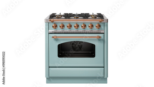 Bild auf Leinwand Isolated light blue range cooker with gas stove top and copper accents, elegant