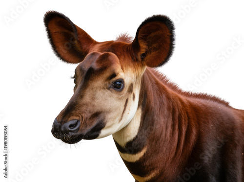 Foto Isolated Okapi headshot, an elusive forest giraffe with distinctive stripes and large ears