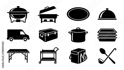 Catering Equipment Silhouette Set, Banquet Service Icons Collection, Food Service Tools and Catering Supplies Vector