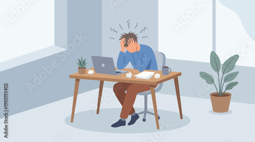 Tired Employee Holding Head at Desk Work Stress Concept Illustration
