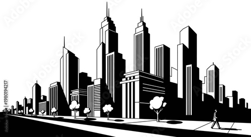 Dynamic black and white city skyline illustration with towering skyscrapers, urban street, and a lone pedestrian walking.