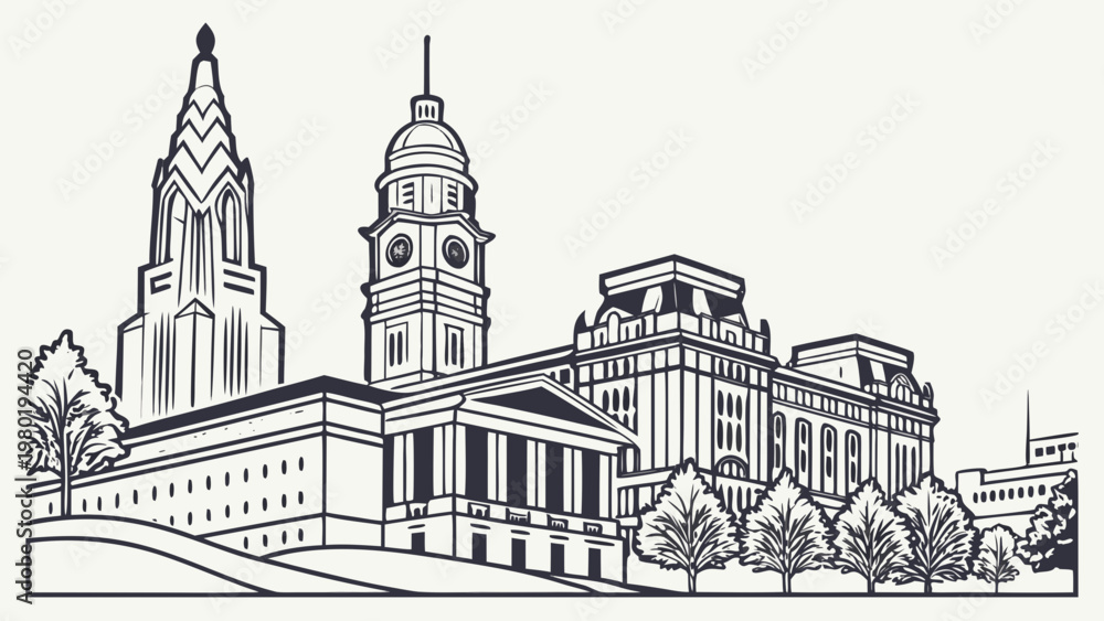 Obraz premium Philadelphia Cityscape Vector Illustration with City Hall Sketch
