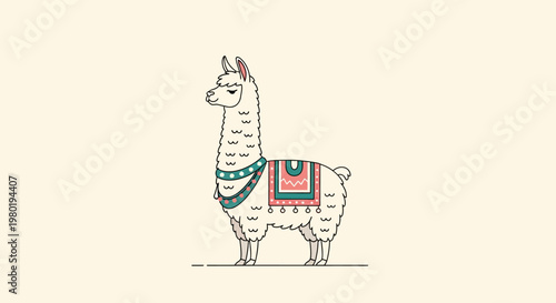 Cute Llama Illustration with Colorful Traditional Decorative Blanket. Minimalist Cartoon Animal Art.