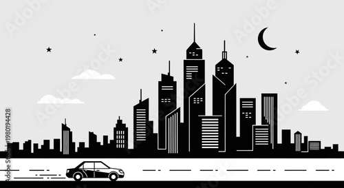 Flat design monochrome city skyline vector illustration with modern skyscrapers and a car driving on the road at night.