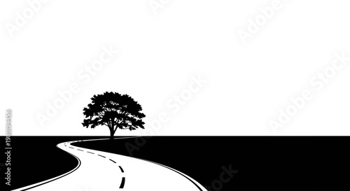 Minimalist black and white graphic illustration of a winding road leading to a solitary tree in a simple landscape.