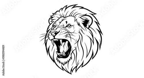 Powerful Roaring Lion Head Illustration. Majestic King of the Jungle. Black and White Wild Animal Graphic Design Element.