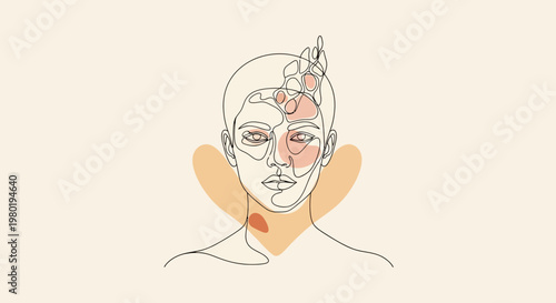 Elegant one line art drawing of a female face with abstract organic shapes in earthy tones. Modern minimalist aesthetic illustration.