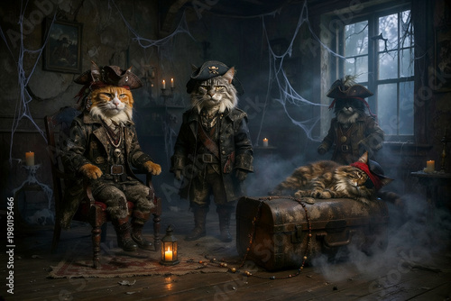 cats as pirates in an old house