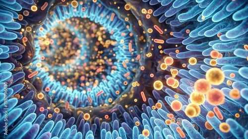 Exploring the intricate world within A dynamic 3D render of the gut microbiome and intestinal villi, highlighting microbial interactions vital for human health and digestive well-being