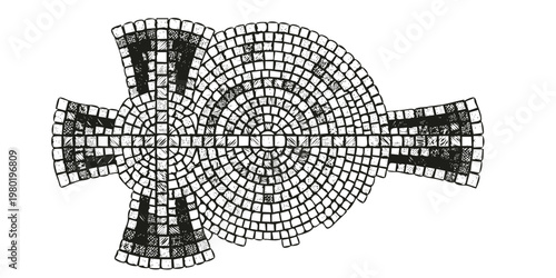 Byzantine Mosaic Tesserae Cross Illustration-Ravenna Gold Turquoise Terracotta Lapis Blue Grout Tiles Ecclesiastical-Religious Fine Art