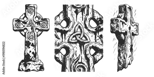 Ancient Stone Carved Cross Illustration-Granite Chisel Moss Lichen Celtic Spiral Erosion Weathered Archaeological Heritage-Religious Art