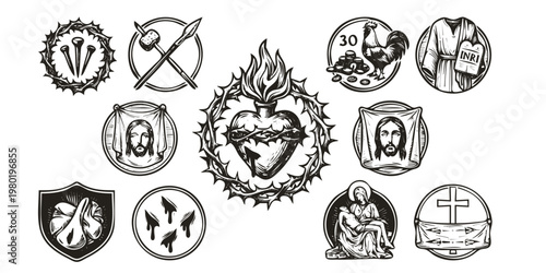 Sacred Heart Passion of Christ Symbols-Crown Thorns Nails Lance Veronica Veil INRI Pieta Five Wounds Shroud Resurrection-Catholic Fine Art