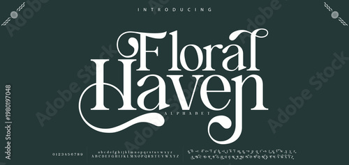 Floral Haven Elegant font alphabet uppercase lowercase and number. Classic lettering minimal fashion designs. Typography modern serif fonts regular decorative vintage concept. Vector illustration