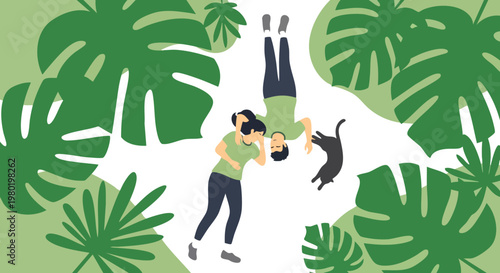 Flat vector illustration of a young couple lying on the floor with their cat, tropical monstera leaves frame, relaxing home lifestyle concept