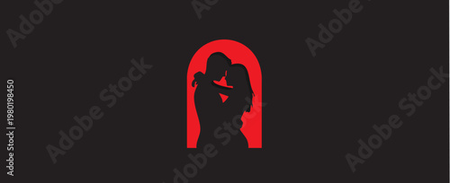 Romantic couple silhouette in red archway, man and woman embracing in dark cinematic style, passionate lovers vector illustration on black background