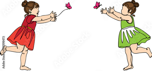 Hand-drawn little girls chasing butterflies vector, playful children in red and green dresses, innocent childhood summer activity illustration