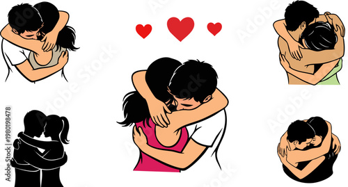 Romantic couple hugging vector set, young man and woman embracing with love hearts, intimate silhouette and colorful character illustrations