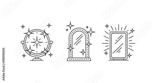 Three distinct line art mirrors with sparkling star accents are displayed on a white background