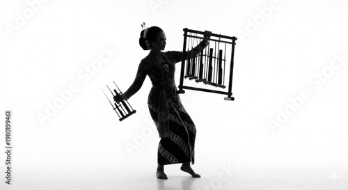 Indonesian Woman Playing Angklung Bamboo Musical Instrument Silhouette