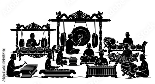 Indonesian Gamelan Traditional Orchestra Silhouette Illustration