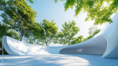 Architectural square advertising background with blue sky and green trees
