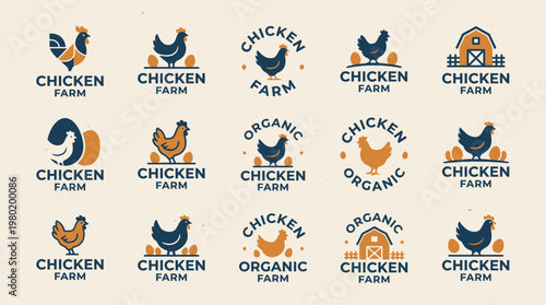 Extensive collection of modern and rustic vector logos for chicken farms, poultry businesses, and organic food brands, featuring hens, roosters, and eggs