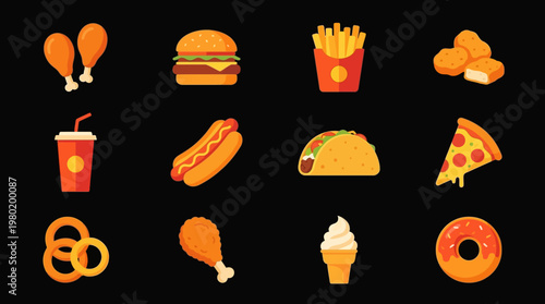 A mouth-watering vector illustration collection showcasing a diverse assortment of popular fast food items and unhealthy snacks, perfect for menus, advertisements, or graphic design projects