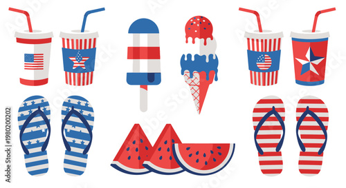Patriotic Summer Holiday Items Featuring Drinks Ice Cream Flip Flops and Watermelon Slices