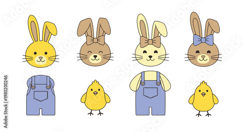 Adorable Easter Animals Set with Bunnies Chicks and Overalls