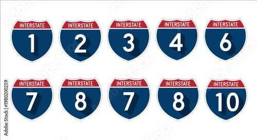 American Interstate Highway Route Signs Set Featuring Numbers One to Ten