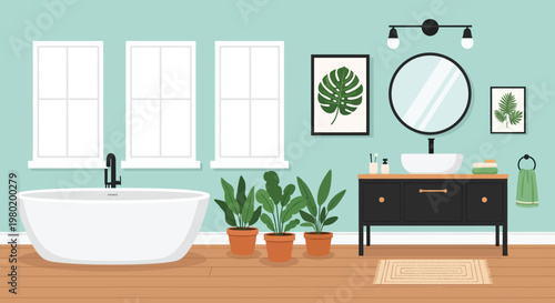 A stylish and modern bathroom interior features a white tub vanity and botanical wall art