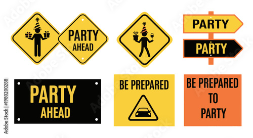 Collection of Party Warning Road Signs and Celebration Symbols for Event Anticipation