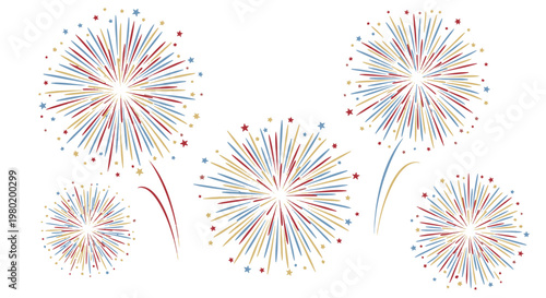 Colorful Bursting Firework Explosions with Scattered Stars for Festive Celebrations