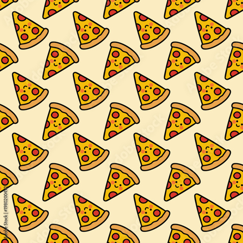 Pizza slices pattern on light beige background. Each slice has cheese, pepperoni, and golden crust. Design repeats evenly across entire image area