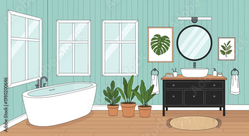 A brightly lit bathroom interior features a white bathtub vanity and green plant decor