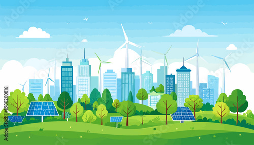 Sustainable City with Green Energy Solutions and Modern Architecture.