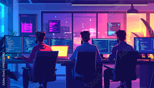Three Programmers Coding in a Vibrant, Neon-lit Office Environment.