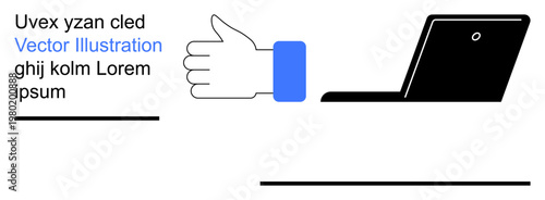 Digital approval, online interaction, technology concepts, workplace tools, gestures, virtual communication. A hand showing a thumbs-up near a laptop. Digital approval and online interaction concept