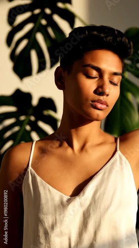 Portrait of a woman in white silk attire standing near a large biophilic monstera plant in soft light.