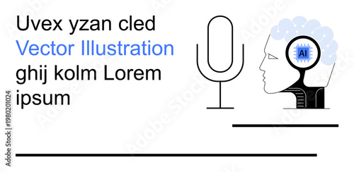 Artificial intelligence, voice recognition, machine learning, innovation, human-machine interaction, digital technology. Human head with AI chip and microphone. Artificial intelligence and voice