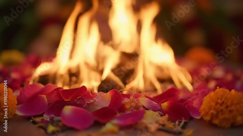 Sacred Fire Ceremony with Rose Petals and Marigolds.