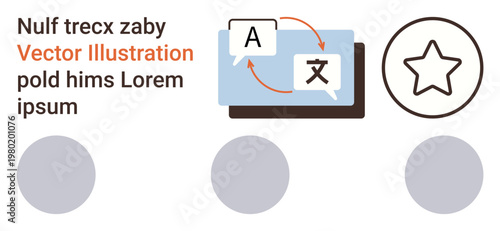 Language services, translation tools, communication, rating systems, multilingual support, text processing. Speech bubbles with language symbols and a star icon. Translation tools and communication